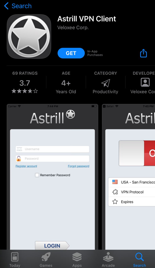 Download the Astrill VPN app from the App Store 
