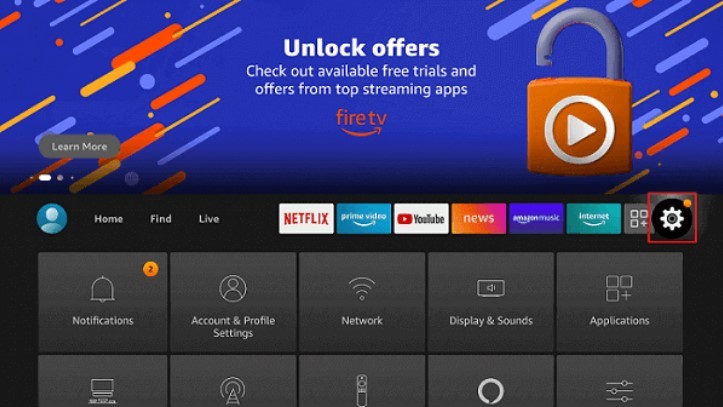 Firestick TV's home screen, click Settings