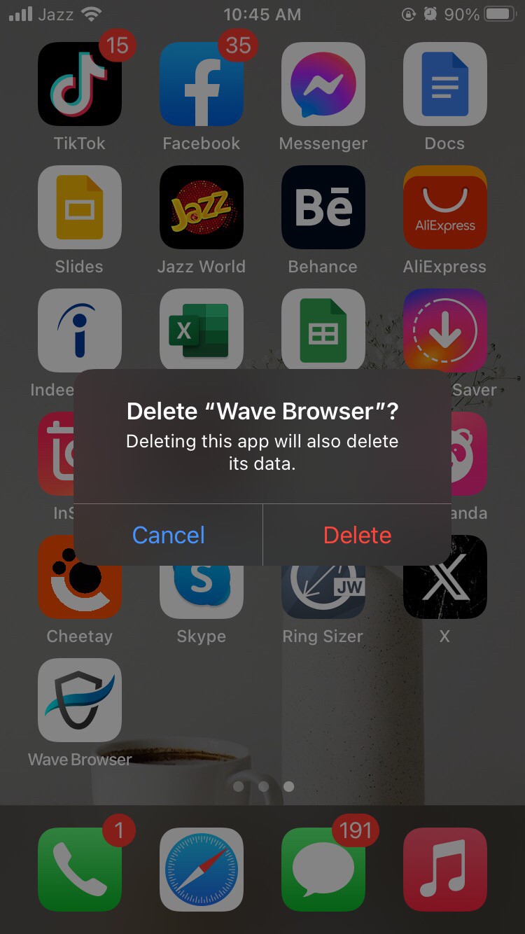 Tap the "X" on the Wave Browser icon