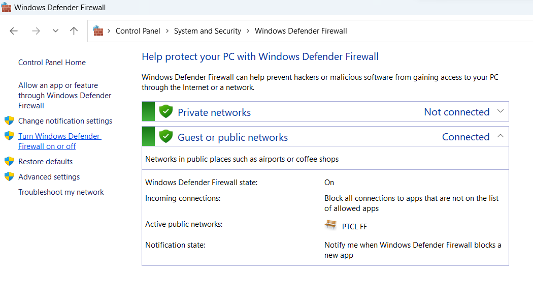 Turn Windows Defender Firewall On or Off