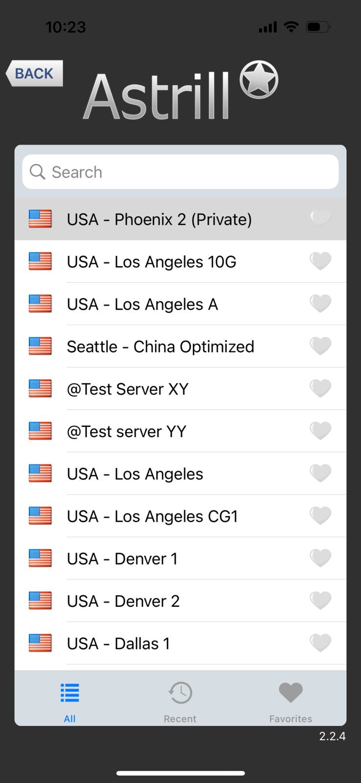 AstrillVPN's list of servers