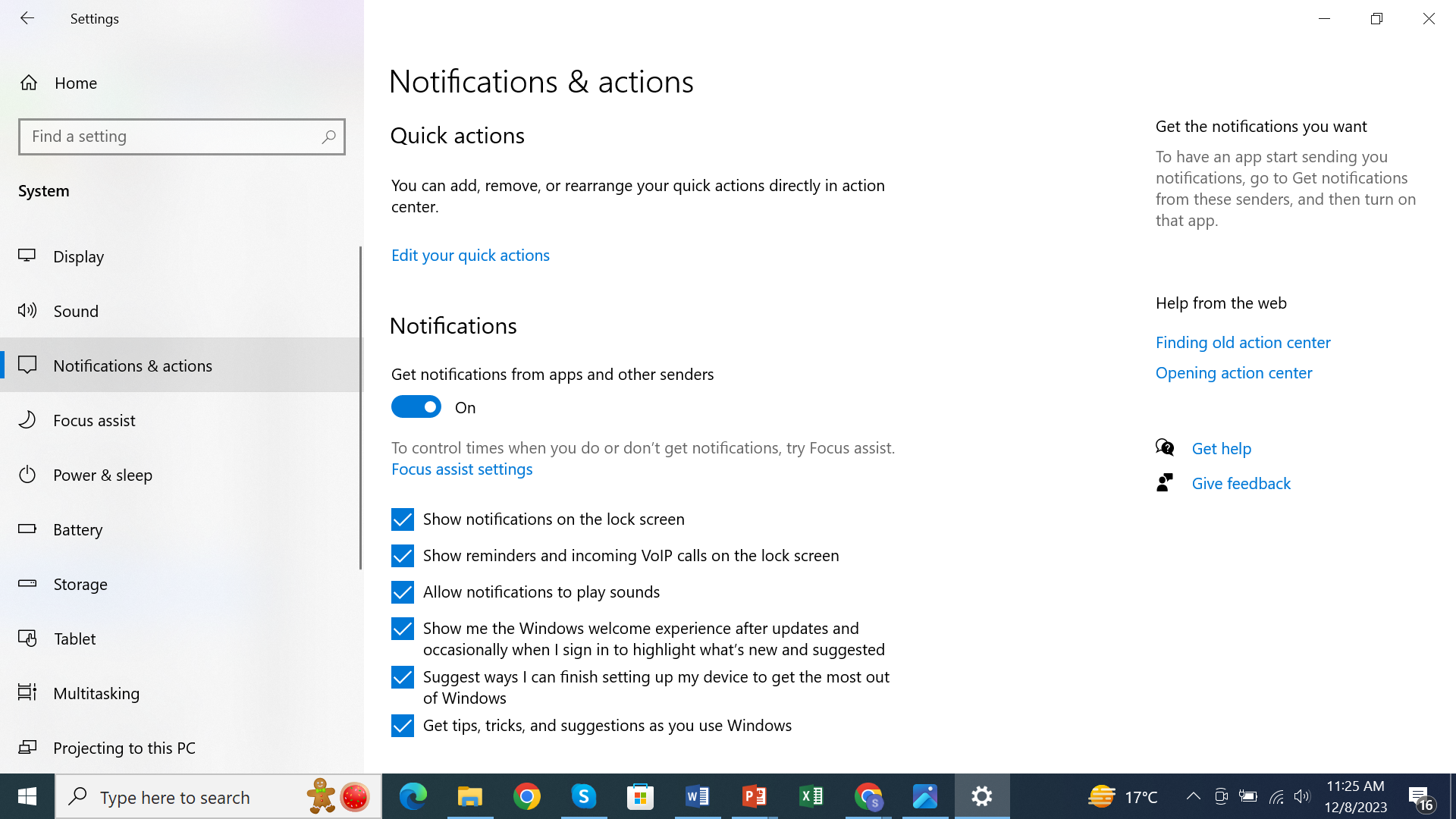 Change notification and action settings