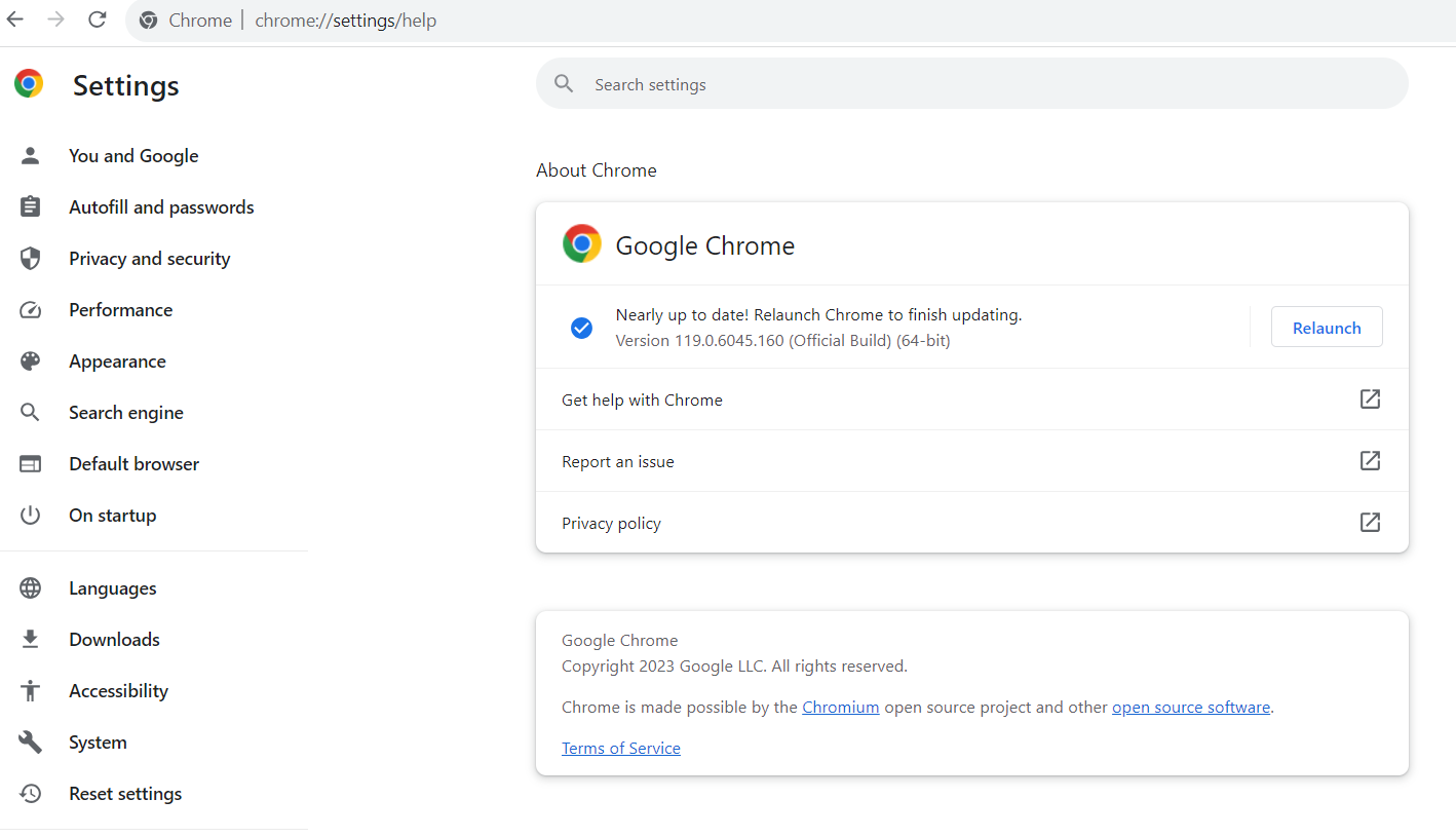 entered the About Chrome settings 