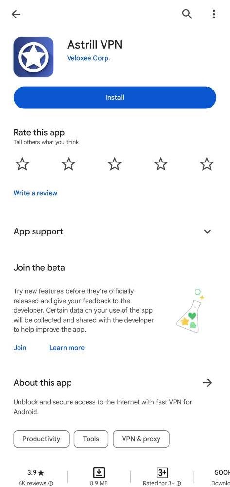 install the AstrillVPN app from Google Play Store 