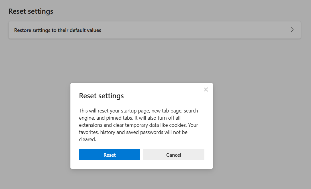 select Restore settings to their default values