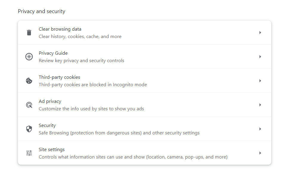 select Site settings from the Privacy & Security tab
