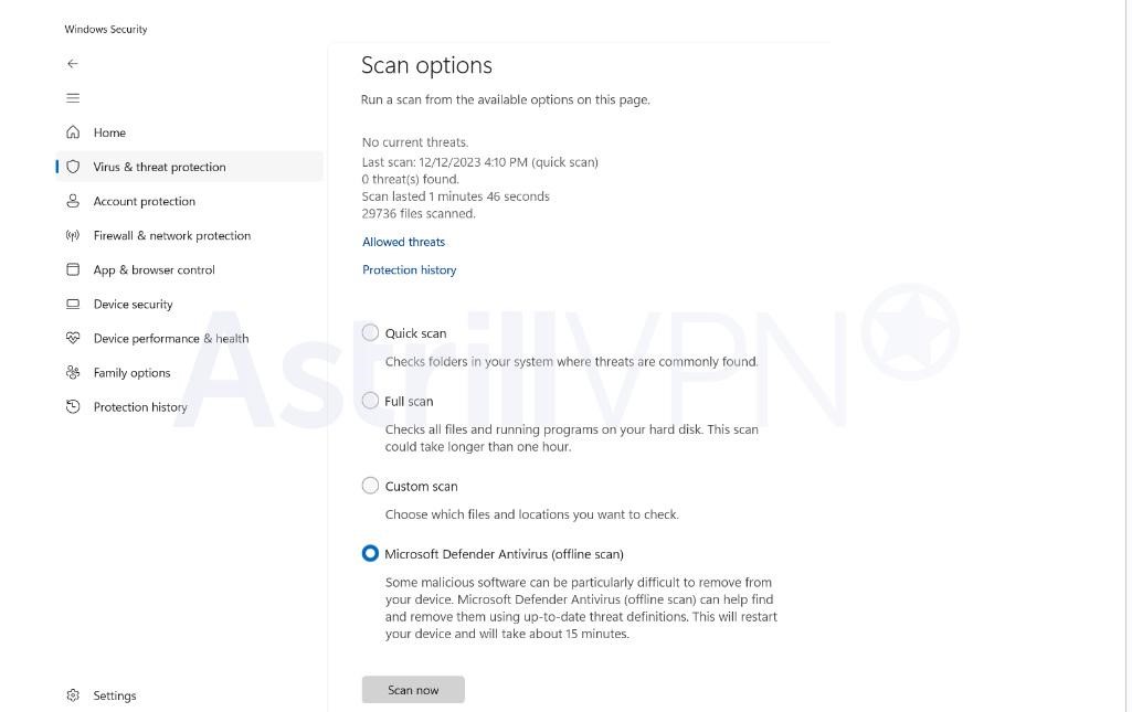 select Windows Defender Offline scan 