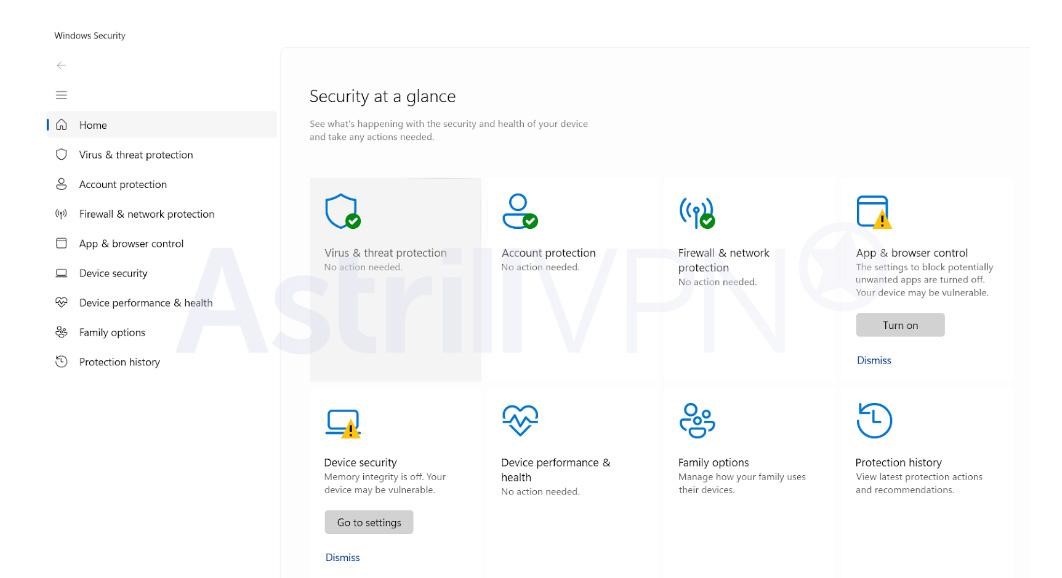 settings of your Windows Security