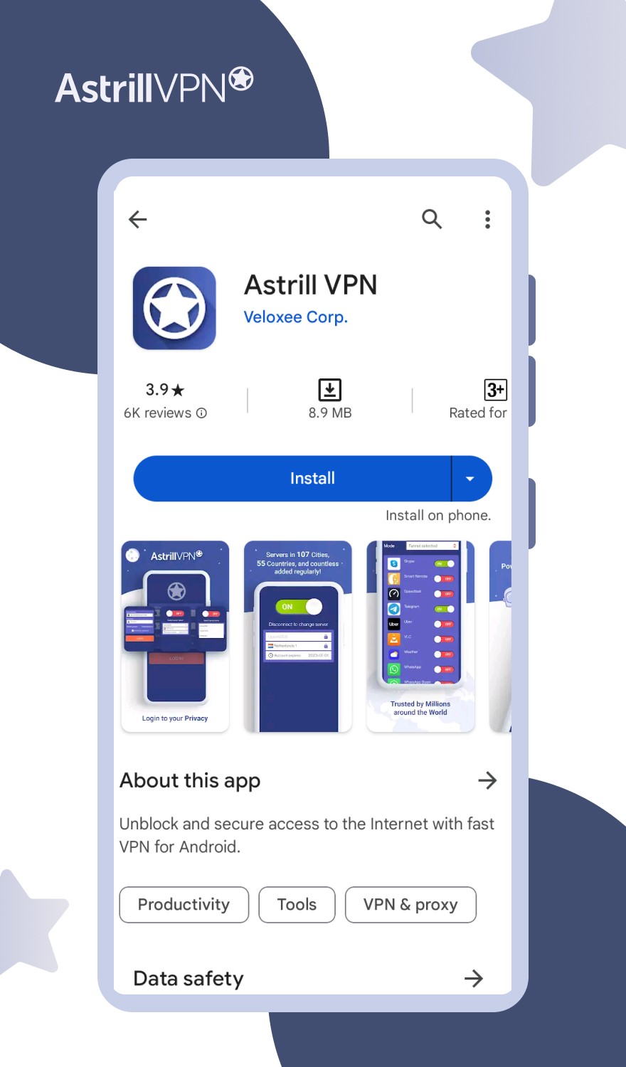 AstrillVPN app on your Android device 