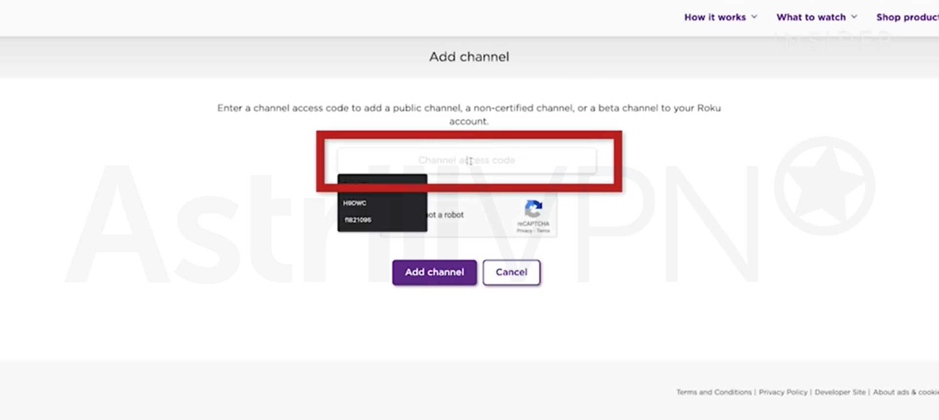 Type the channel access code