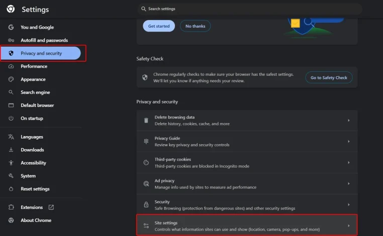 Privacy and security section, click Site Settings and then Location