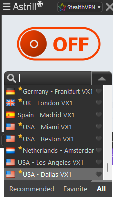 Different AstrillVPN Server