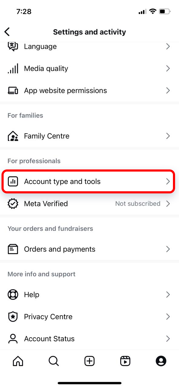 switch to Instagram professional account