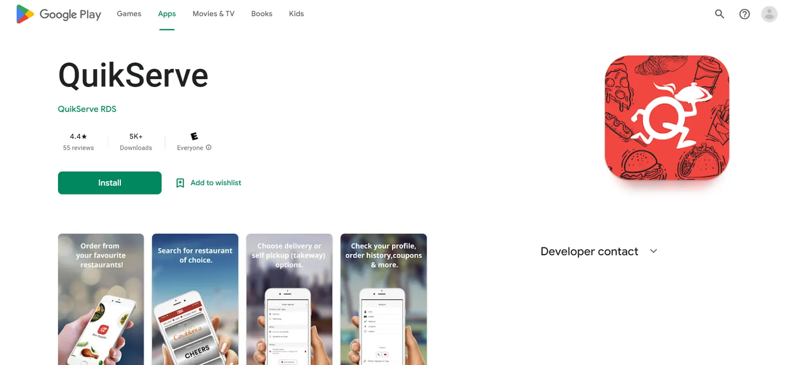 Quick Serve app listing and mobile screens