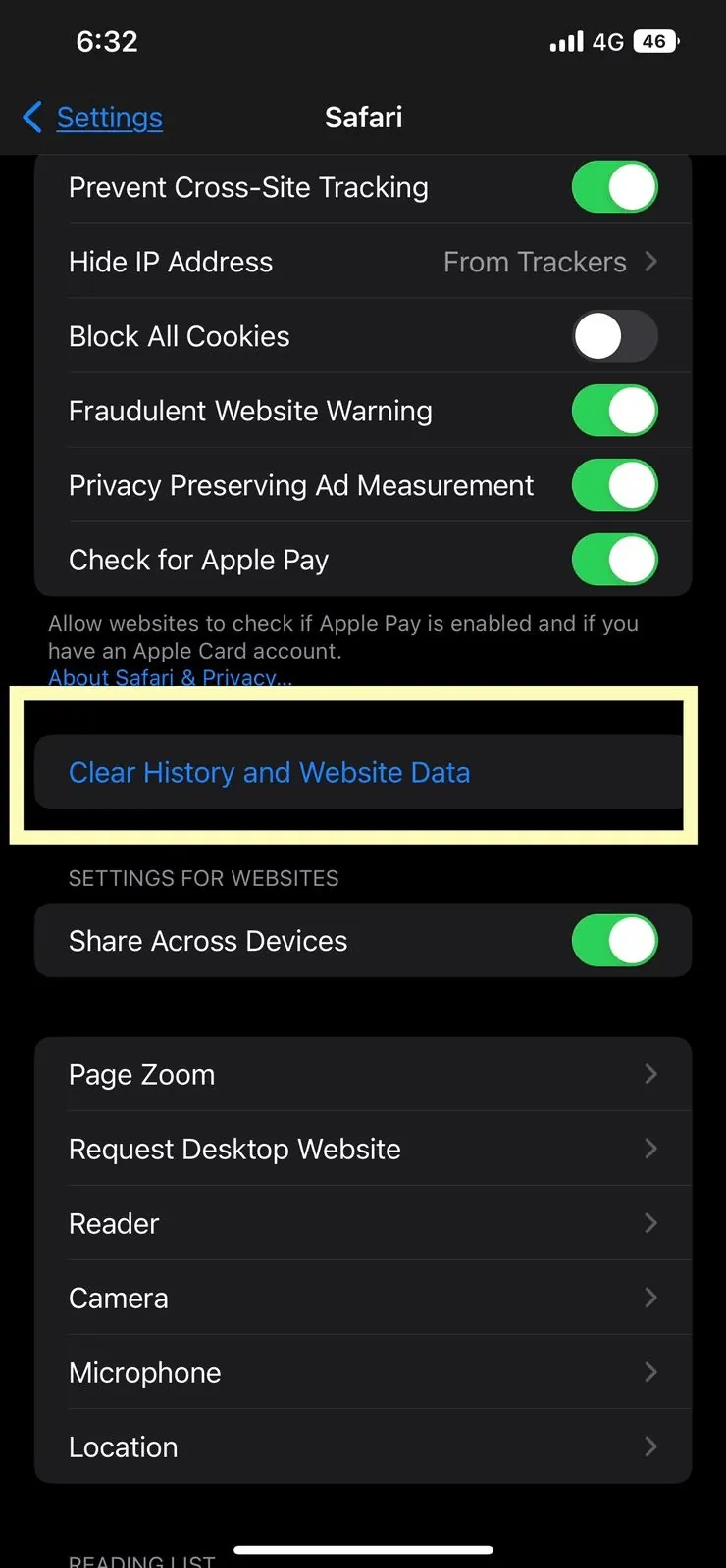 Safari history controls on iPhone