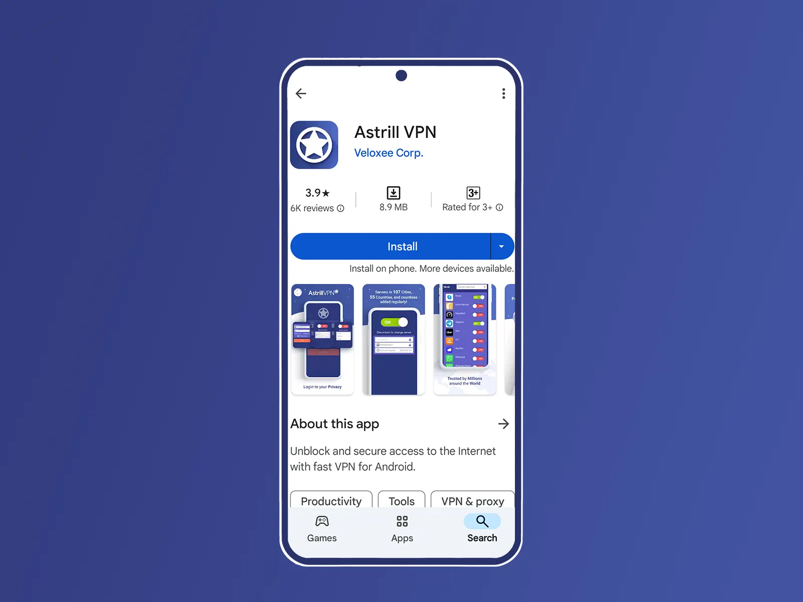 Astrill VPN listing in the Google Play Store