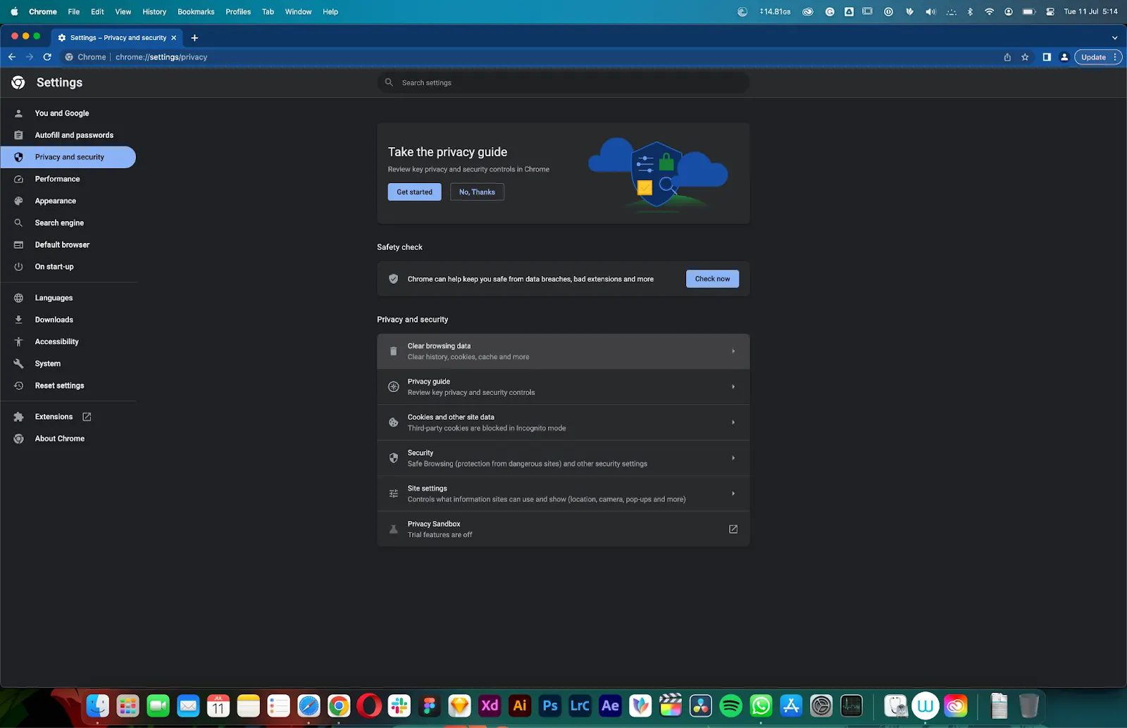 Chrome Privacy and security settings page