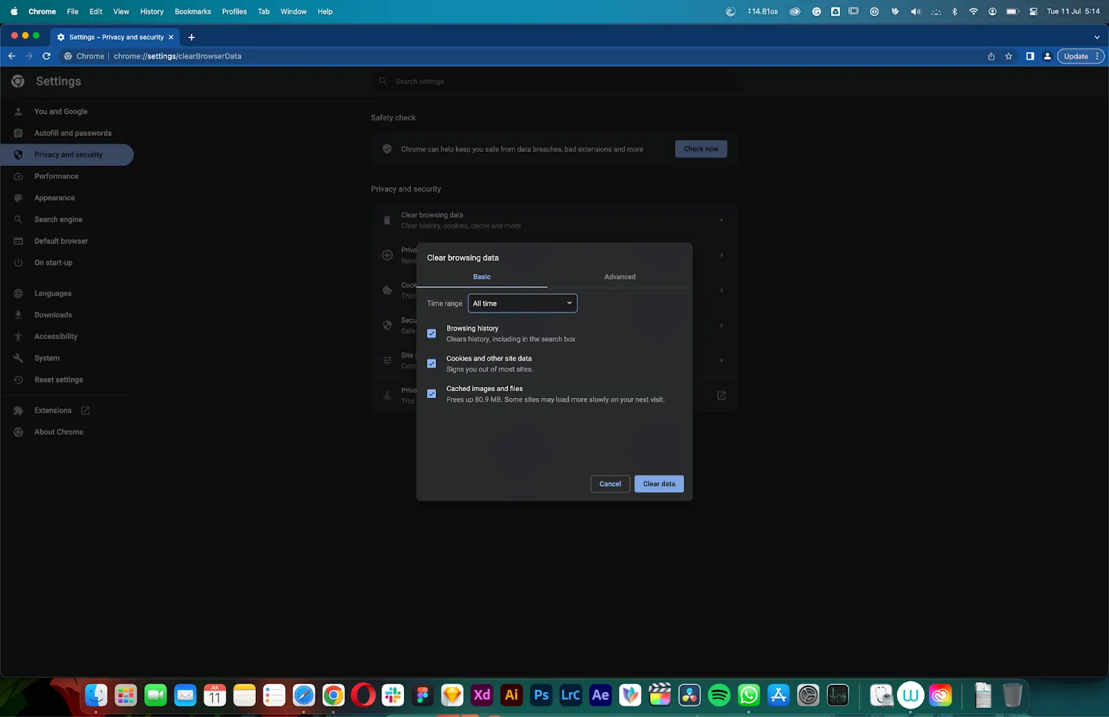 Chrome Clear browsing data dialog ready to clear all-time data