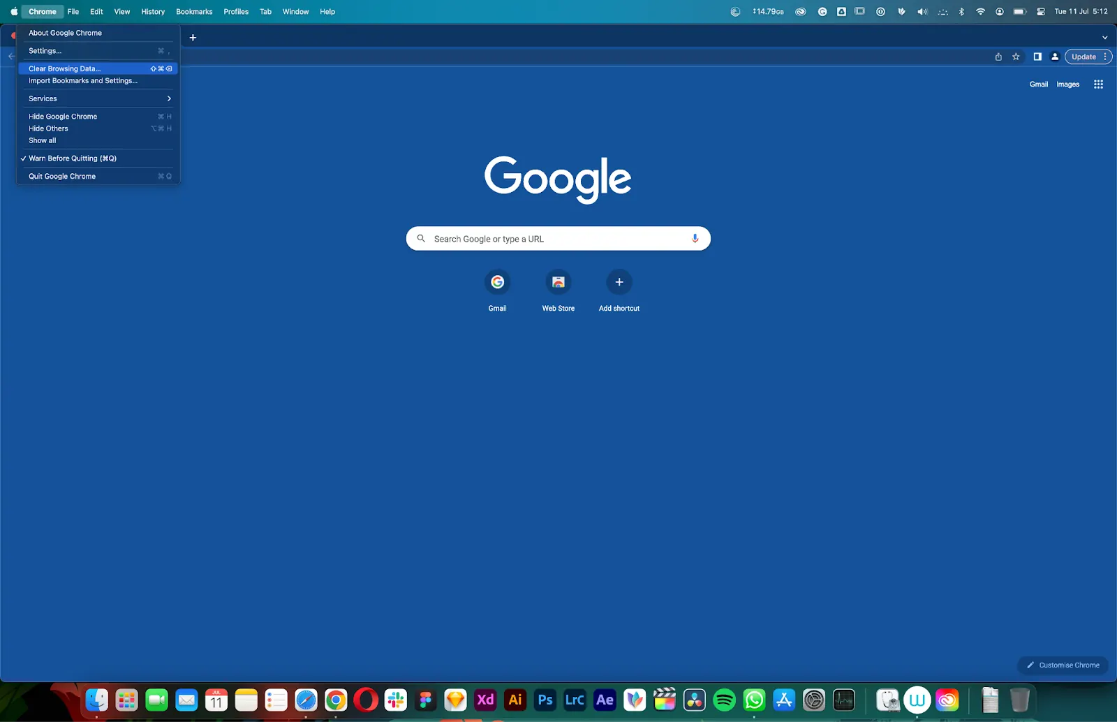 Clear Browsing Data option in the Chrome menu on macOS
