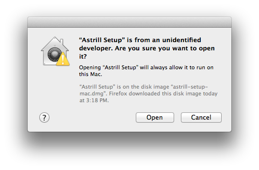 Instalación de advertencia de Astrill en Mac