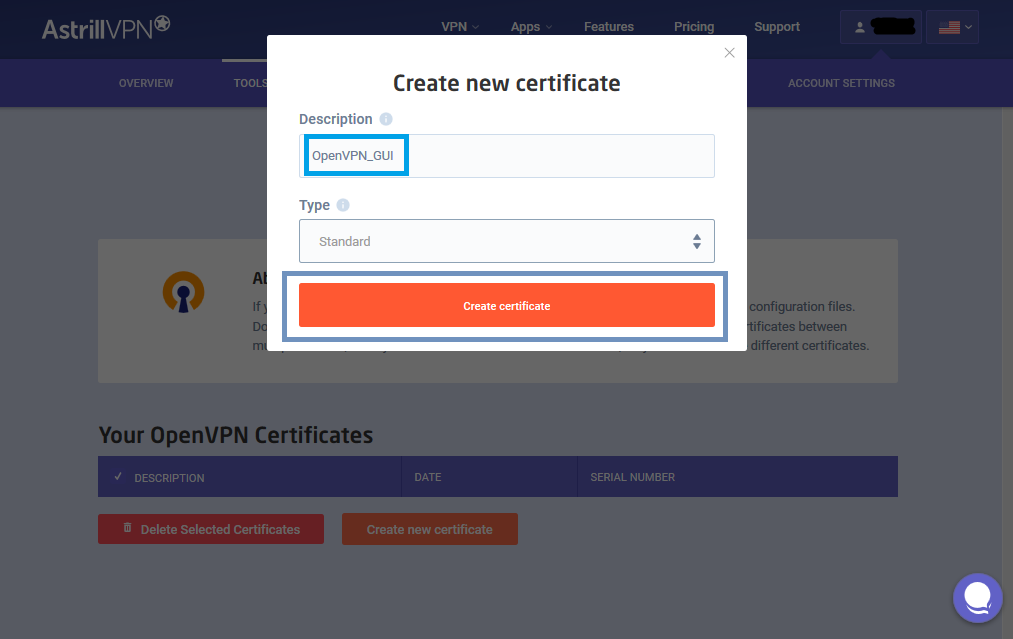 Astrill Openvpn Certificates Generation Page