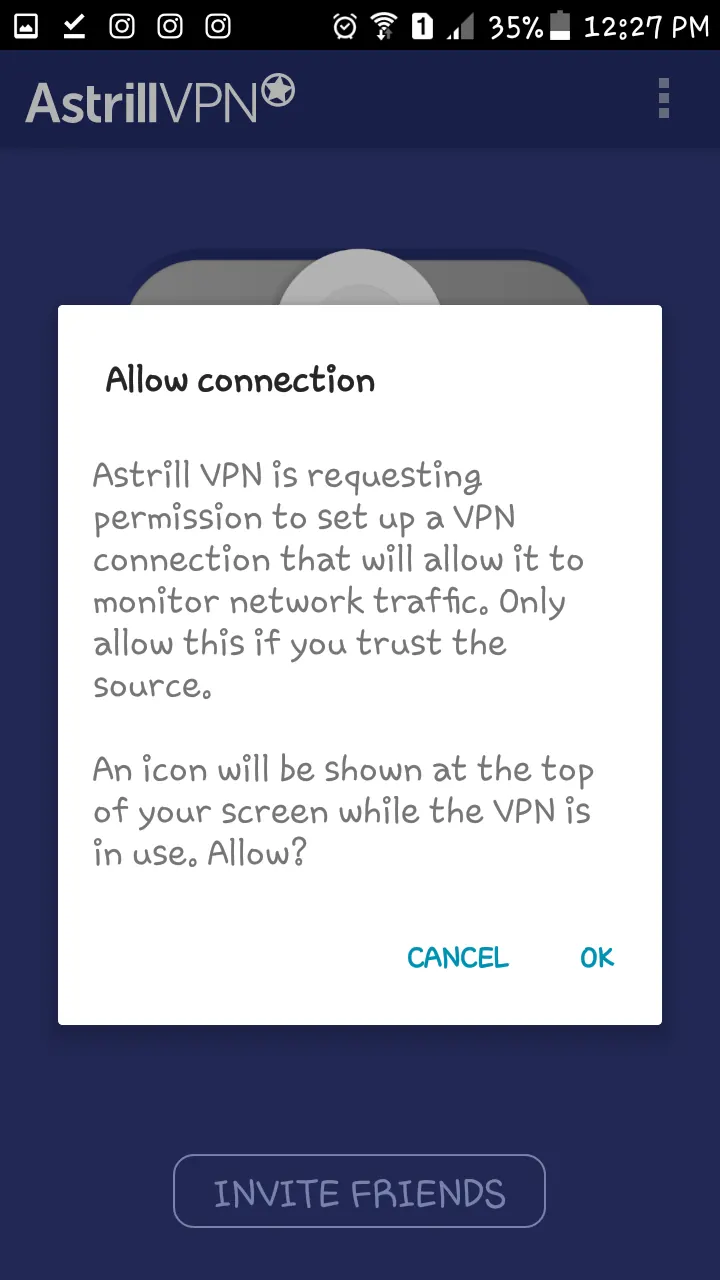 Android VPN connection permission dialog for the Astrill app