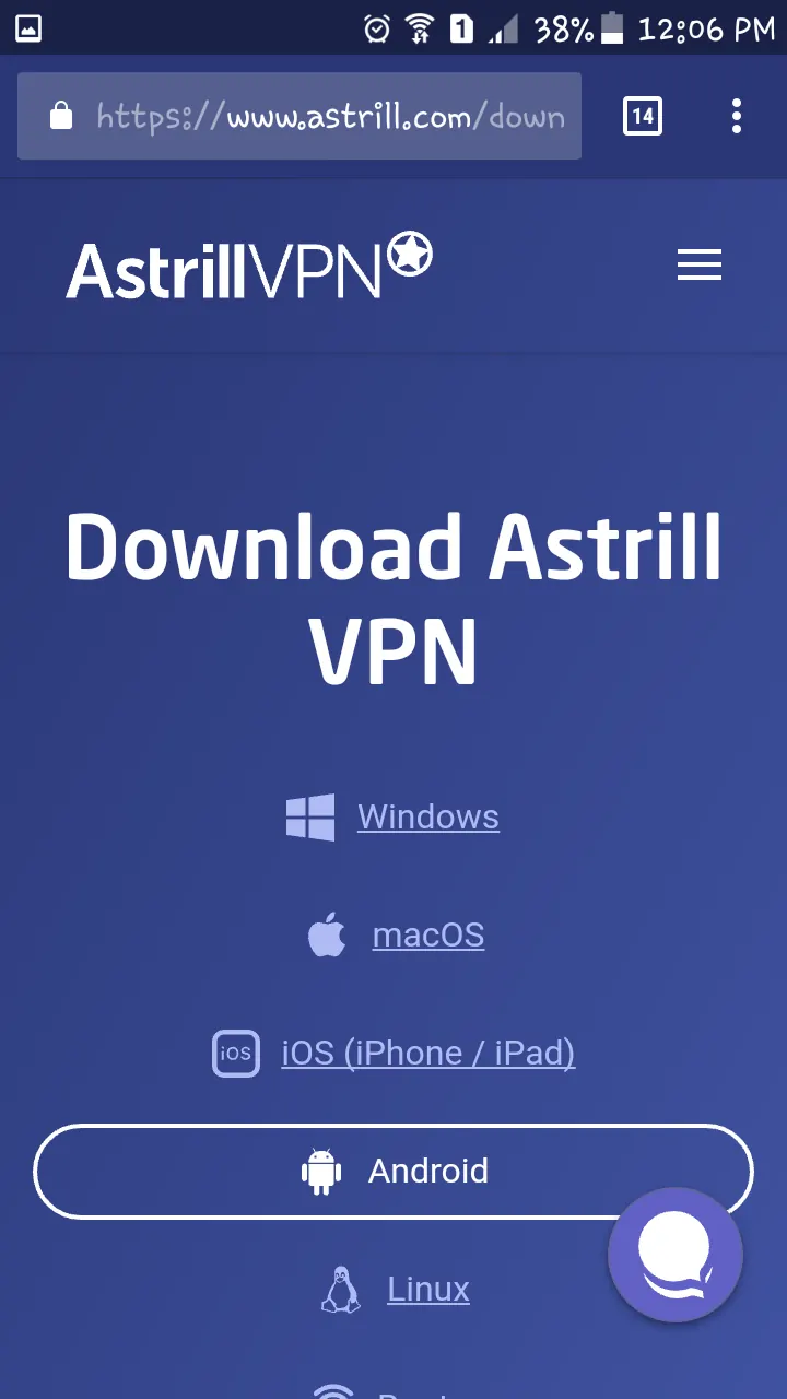 Astrill download page with the Android option selected