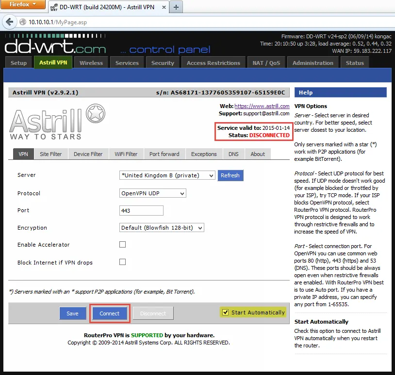 Astrill VPN router control panel showing a disconnected connection and Connect button