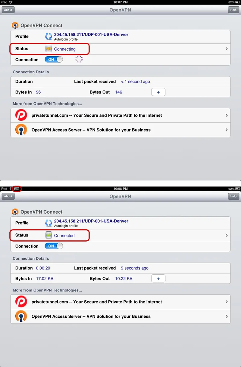 OpenVPN Connect on iPad changing from Connecting to Connected