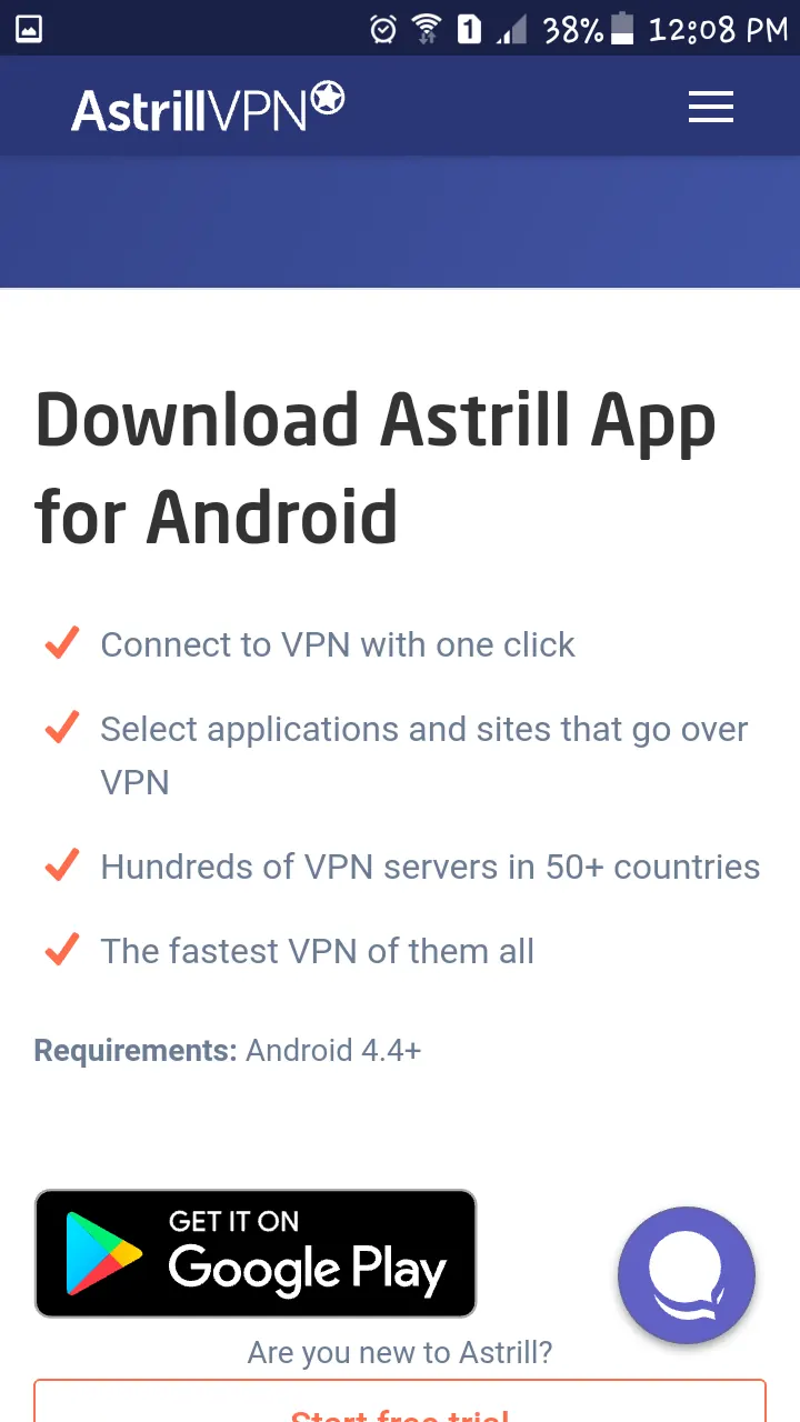 Astrill Android download page with app features and Google Play button
