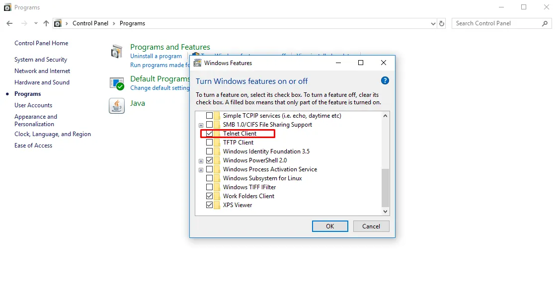 Windows Features dialog with Telnet Client selected
