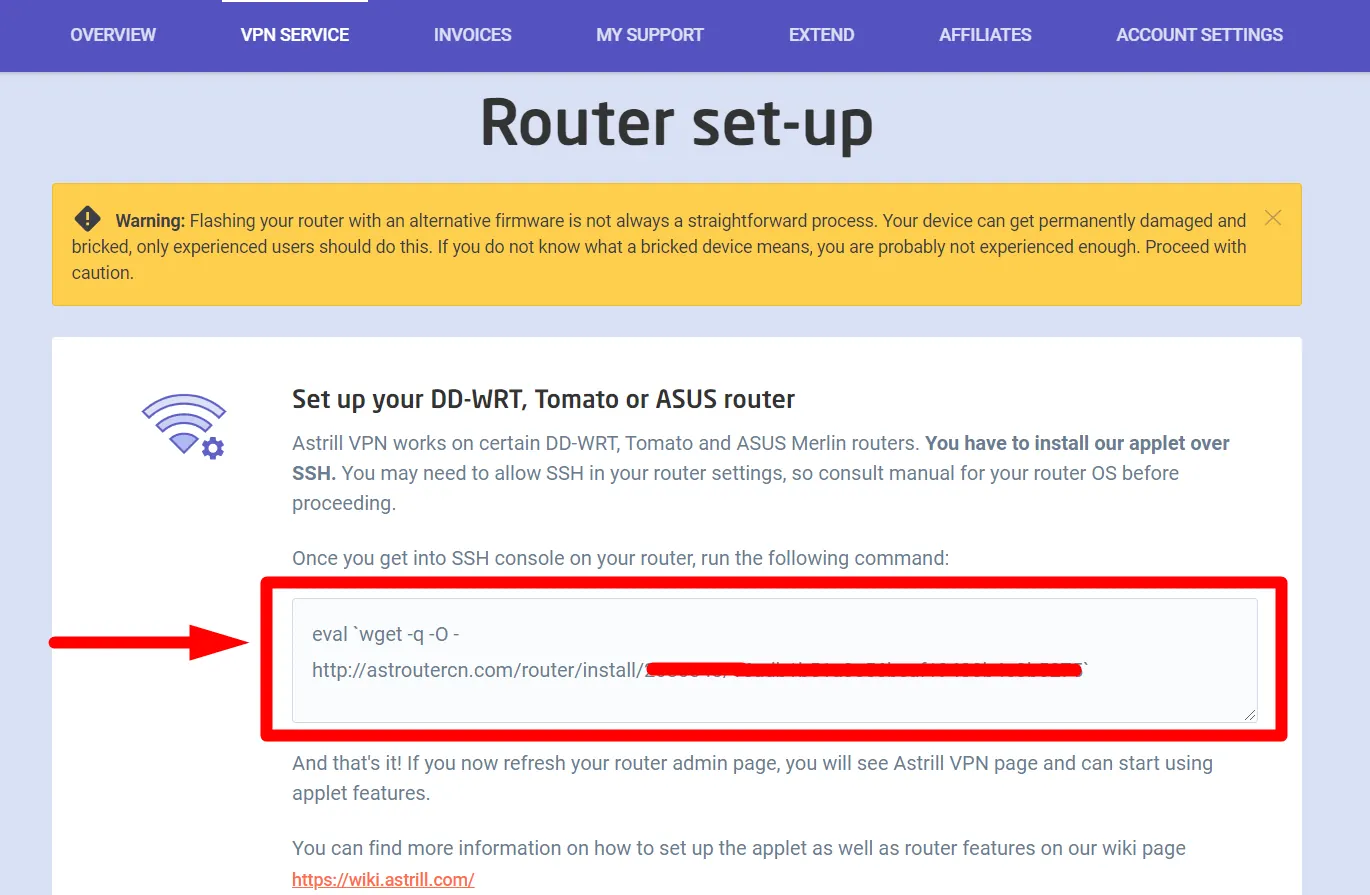 Astrill router setup page showing the applet installation command