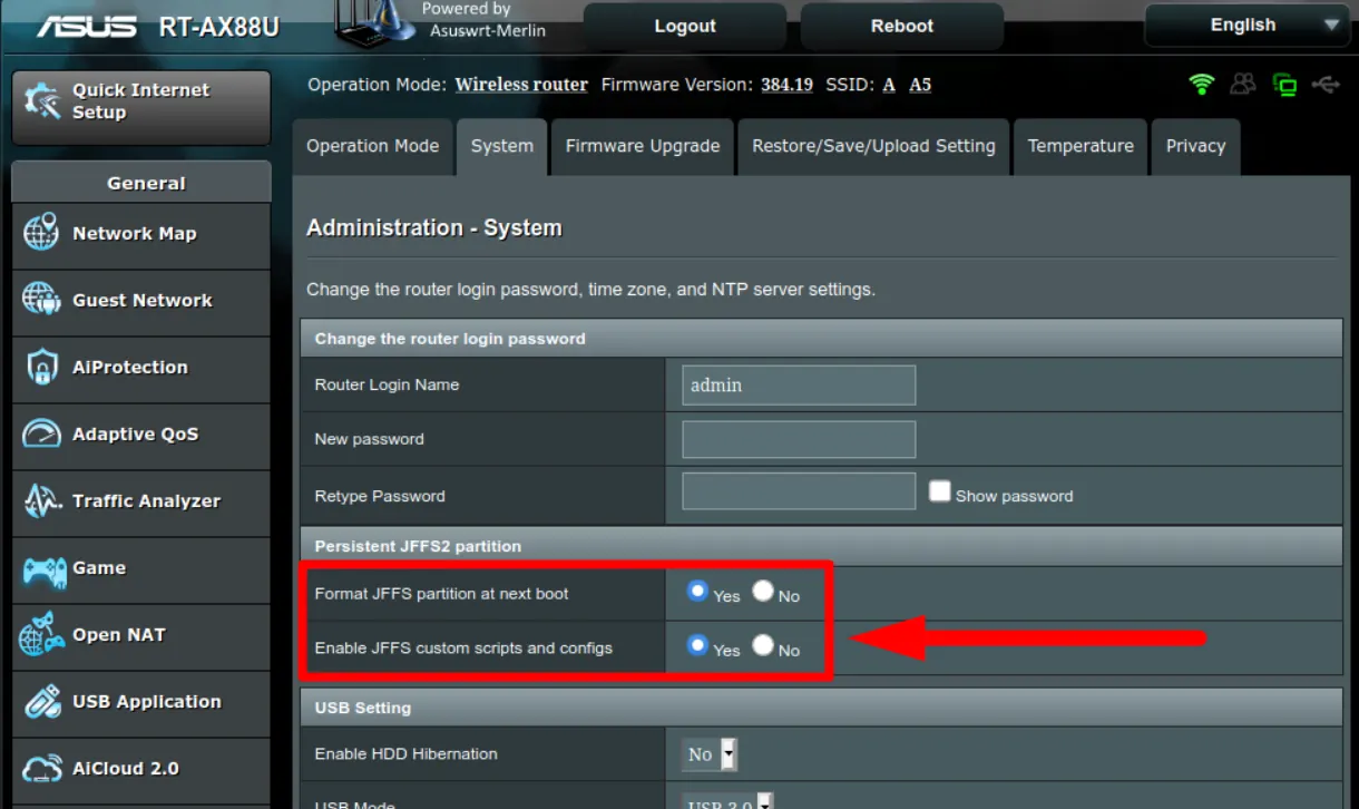 ASUSWRT-Merlin system settings with JFFS partition and custom scripts enabled