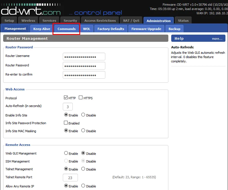 DD-WRT Administration page with the Commands tab selected