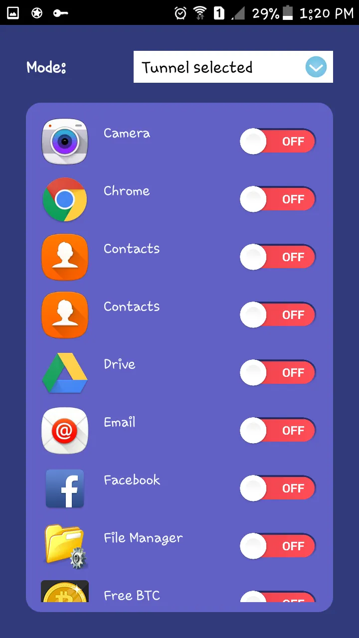 Astrill Android application filter in Tunnel selected mode