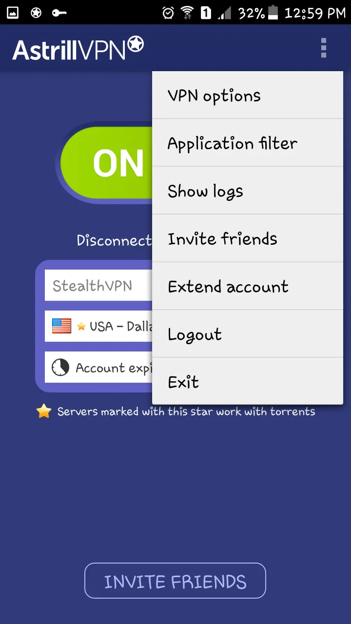 Astrill Android app menu showing VPN options, application filter, logout, and exit