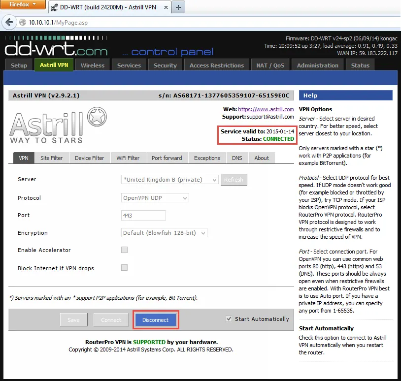 Astrill VPN router control panel showing an active connection and Disconnect button