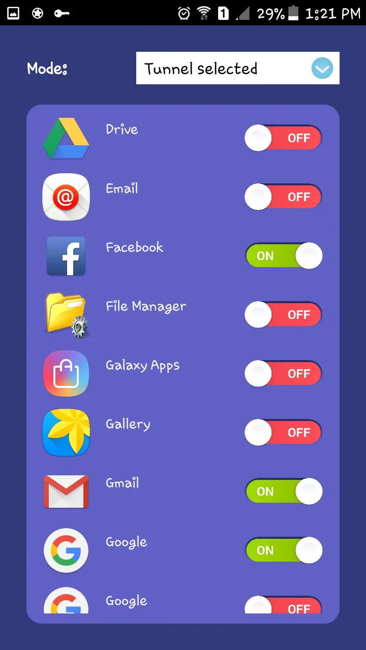 Astrill Android application filter with selected apps enabled