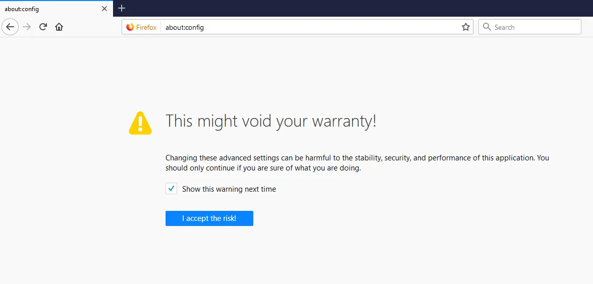Firefox advanced configuration warning page with the Accept the Risk button