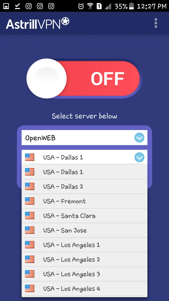 Astrill Android app server selection list for OpenWeb