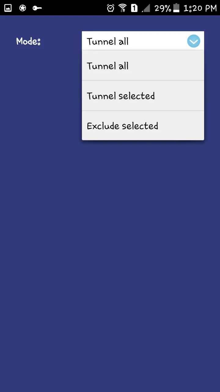 Astrill Android app mode menu with tunnel and exclude options