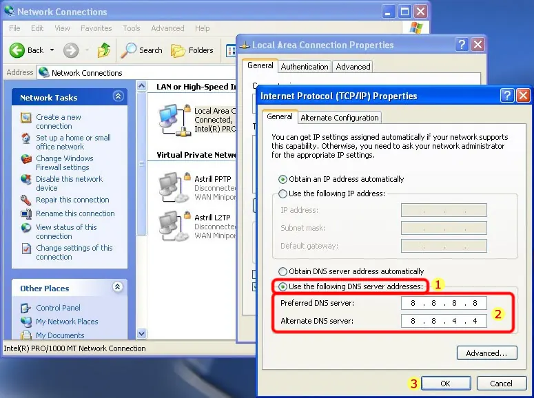 Windows XP TCP/IP settings with Google DNS server addresses entered