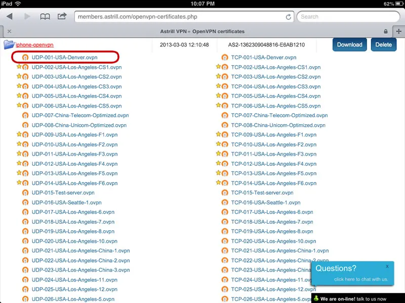 Astrill OpenVPN certificate download list in Safari on iPad