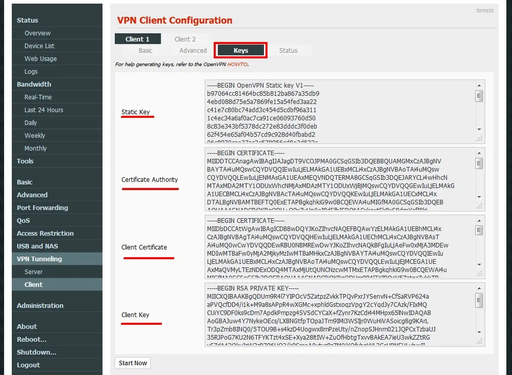 Tomato router OpenVPN client Keys tab with certificate and key fields