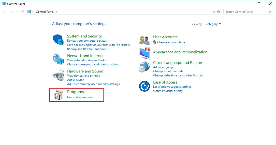 Windows Control Panel Programs section with Uninstall a program highlighted