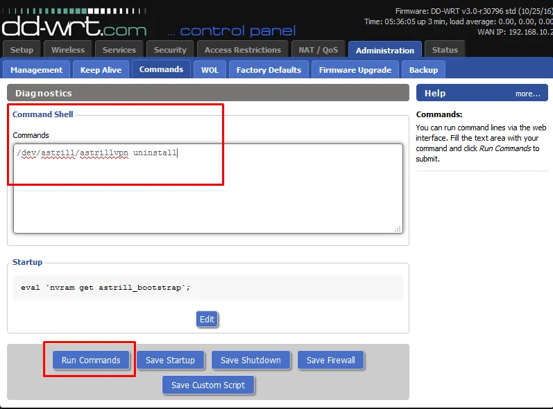 DD-WRT command shell with the Astrill VPN uninstall command and Run Commands button