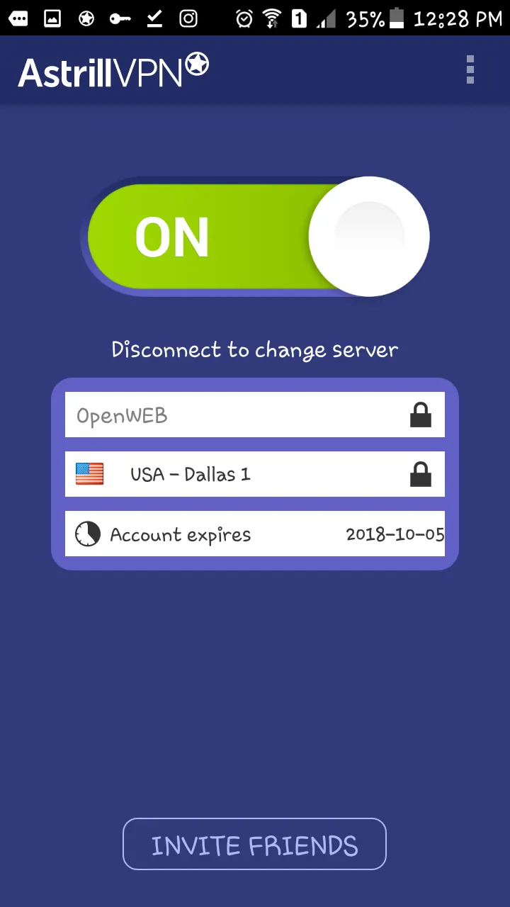 Astrill Android app connected to the USA - Dallas 1 server