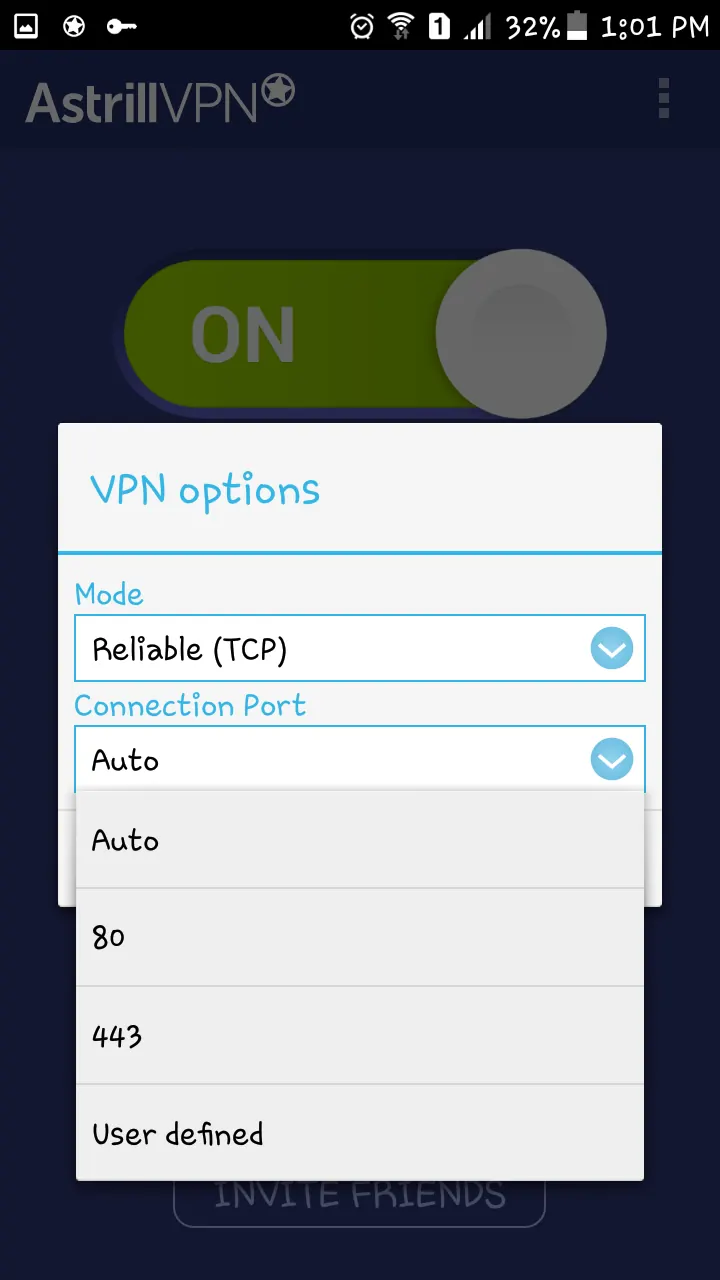Astrill Android VPN options showing Reliable TCP connection port choices