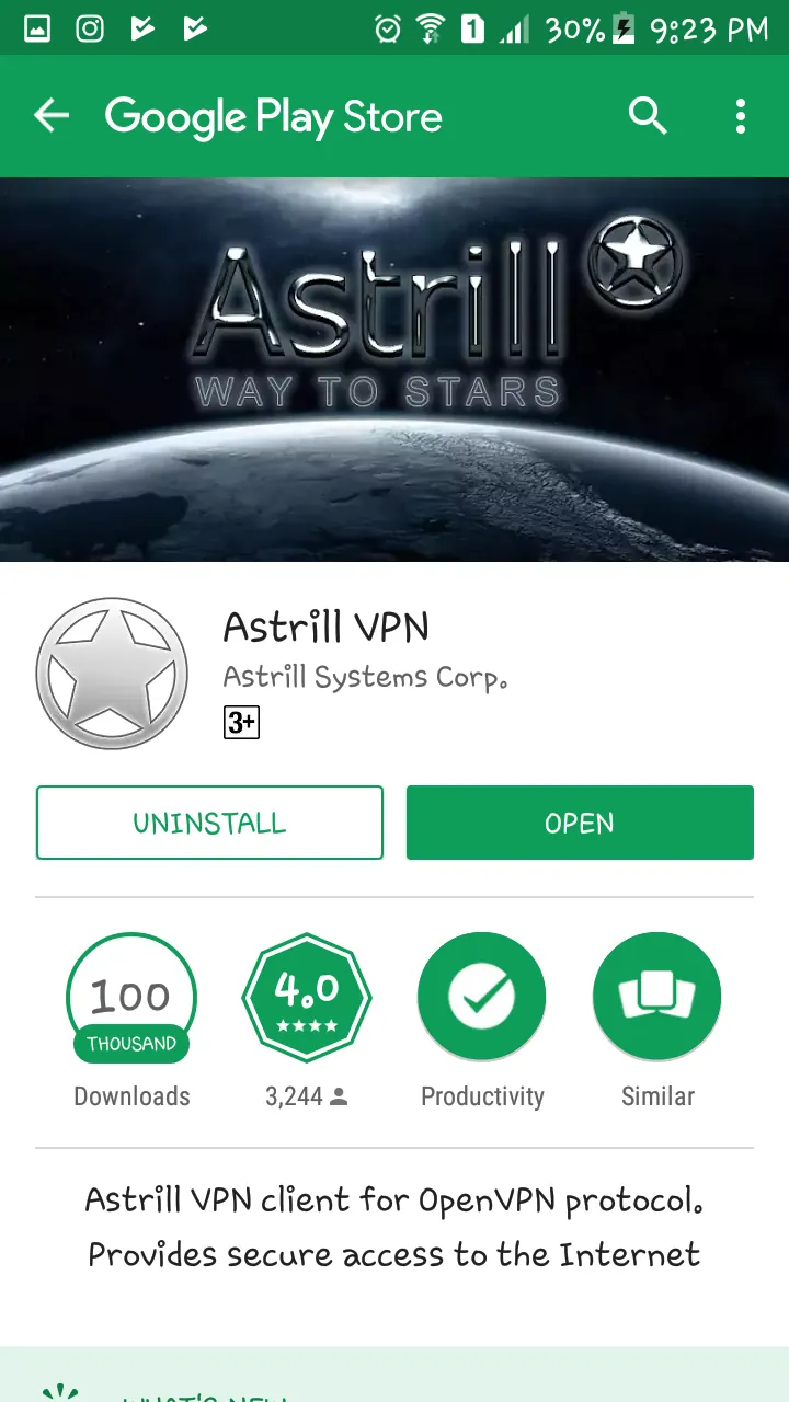 Astrill VPN listing in Google Play with Uninstall and Open buttons