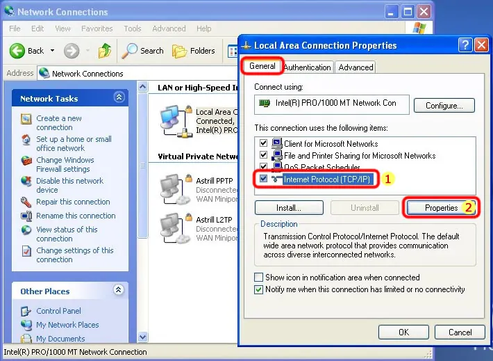 Windows XP network connection properties with Internet Protocol TCP/IP selected